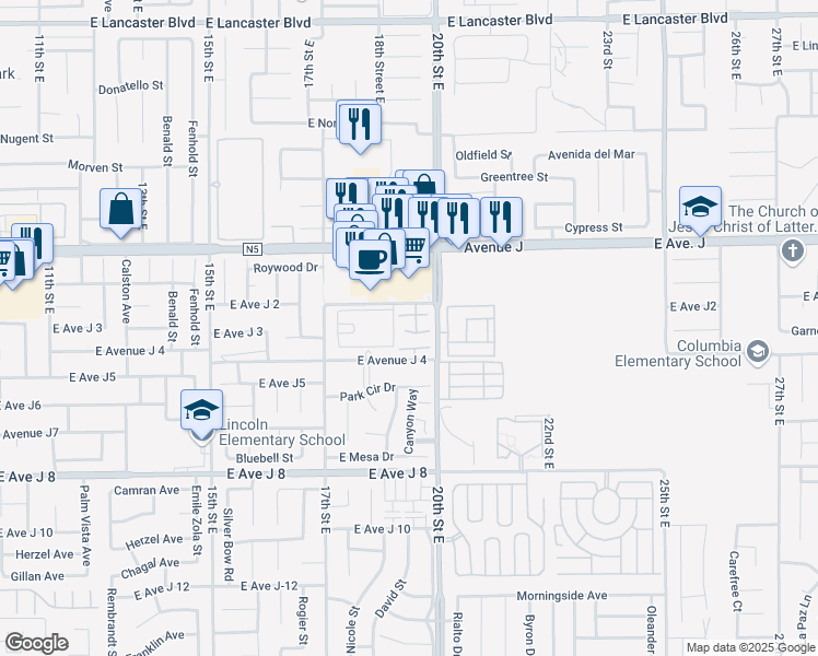 map of restaurants, bars, coffee shops, grocery stores, and more near 1836 East Avenue H10 in Lancaster