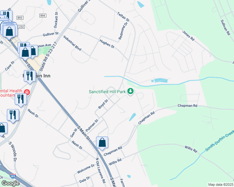 map of restaurants, bars, coffee shops, grocery stores, and more near 308 Boyd Street in Fountain Inn