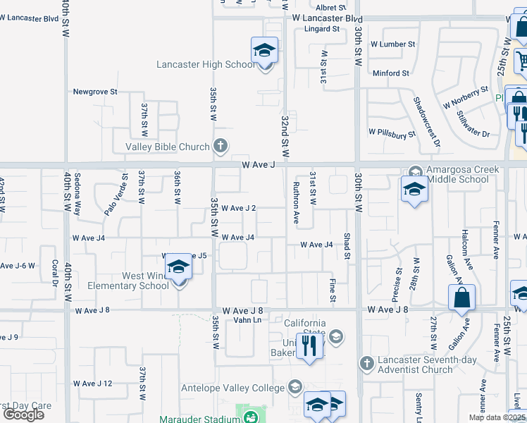 map of restaurants, bars, coffee shops, grocery stores, and more near 3238 West Avenue J2 in Lancaster