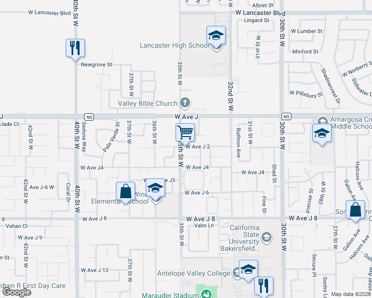 map of restaurants, bars, coffee shops, grocery stores, and more near 3365 West Avenue J 2 in Lancaster