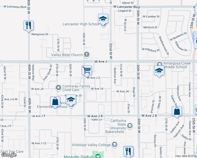 map of restaurants, bars, coffee shops, grocery stores, and more near 44245 Danya Lane in Lancaster