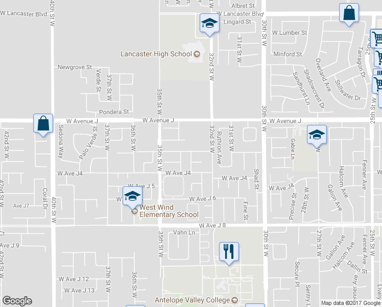 map of restaurants, bars, coffee shops, grocery stores, and more near 44249 Danya Lane in Lancaster