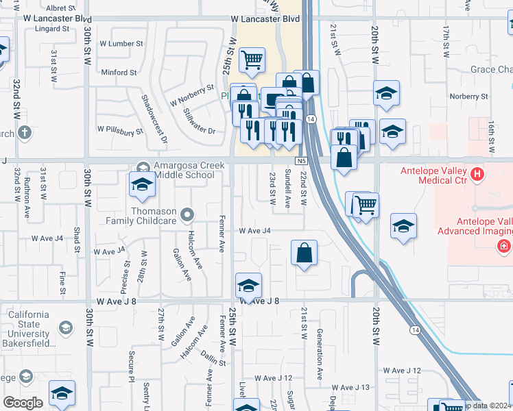 map of restaurants, bars, coffee shops, grocery stores, and more near 2324 West Avenue J 2 in Lancaster