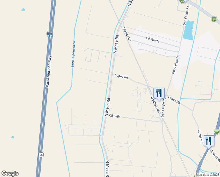 map of restaurants, bars, coffee shops, grocery stores, and more near 1500 N Mesa Rd in Belen