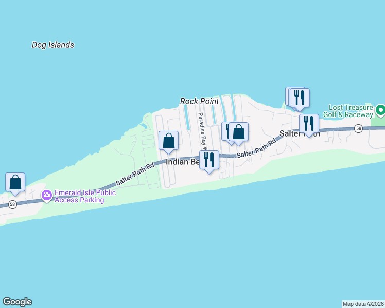 map of restaurants, bars, coffee shops, grocery stores, and more near 1510 Salter Path Road in Atlantic Beach