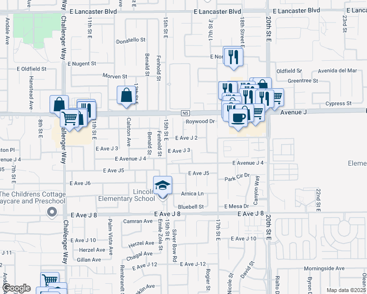 map of restaurants, bars, coffee shops, grocery stores, and more near 1539 East Avenue J 3 in Lancaster
