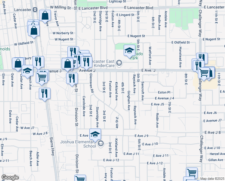 map of restaurants, bars, coffee shops, grocery stores, and more near 44246 Foxton Avenue in Lancaster