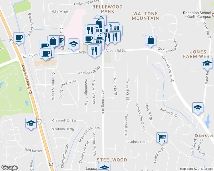map of restaurants, bars, coffee shops, grocery stores, and more near 5309 Whitesburg Drive South in Huntsville