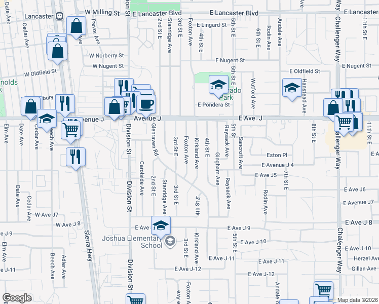 map of restaurants, bars, coffee shops, grocery stores, and more near 44246 Foxton Avenue in Lancaster