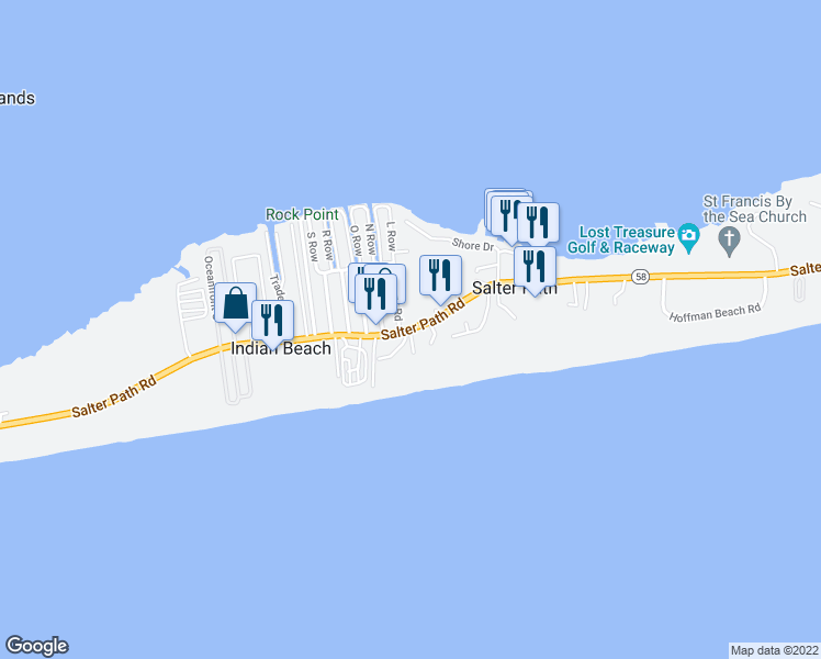 map of restaurants, bars, coffee shops, grocery stores, and more near 1410 Salter Path Road in Atlantic Beach