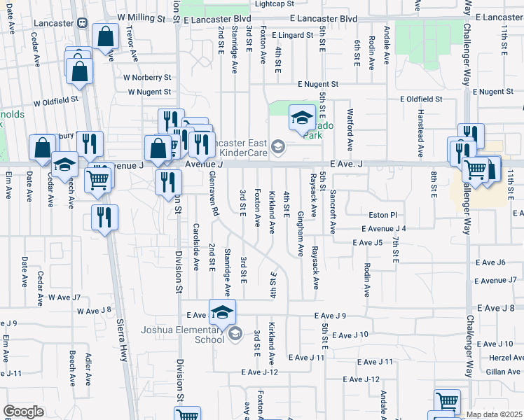 map of restaurants, bars, coffee shops, grocery stores, and more near 44246 Foxton Avenue in Lancaster