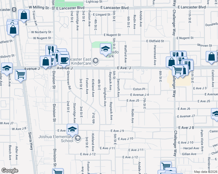 map of restaurants, bars, coffee shops, grocery stores, and more near 44266 Raysack Avenue in Lancaster