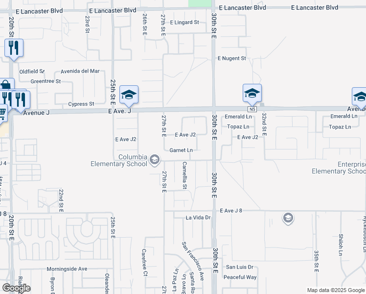map of restaurants, bars, coffee shops, grocery stores, and more near 44252 Dahlia Street in Lancaster