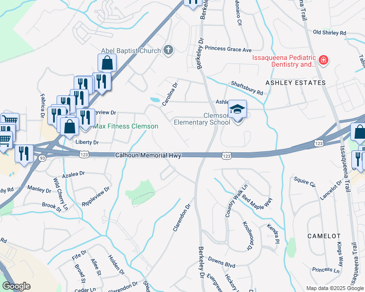 map of restaurants, bars, coffee shops, grocery stores, and more near 212 Blue Ridge Drive in Clemson