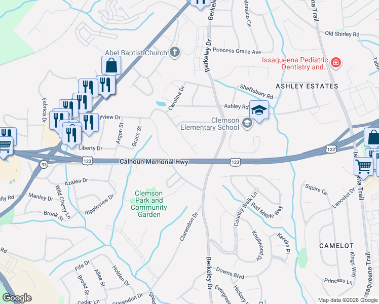map of restaurants, bars, coffee shops, grocery stores, and more near 213 Blue Ridge Drive in Clemson
