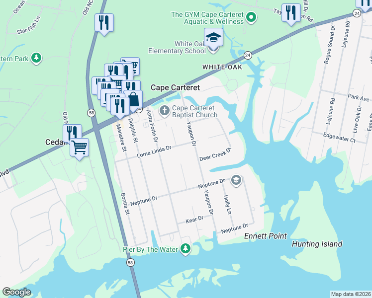 map of restaurants, bars, coffee shops, grocery stores, and more near 407 Loma Linda Drive in Cape Carteret