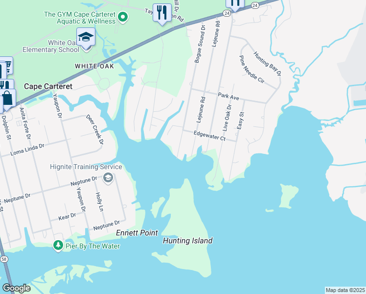 map of restaurants, bars, coffee shops, grocery stores, and more near 307 Bogue Sound Drive in Cape Carteret