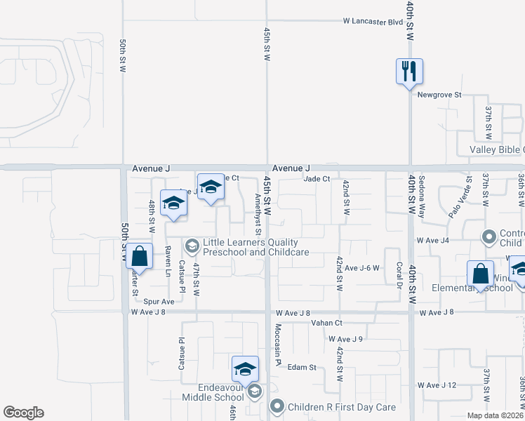 map of restaurants, bars, coffee shops, grocery stores, and more near 44258 Amethyst Street in Lancaster