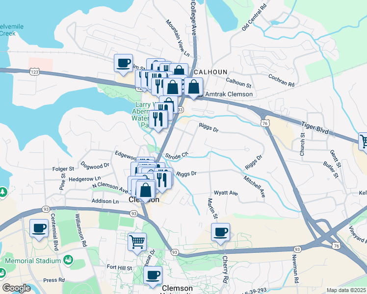 map of restaurants, bars, coffee shops, grocery stores, and more near 408 College Avenue in Clemson