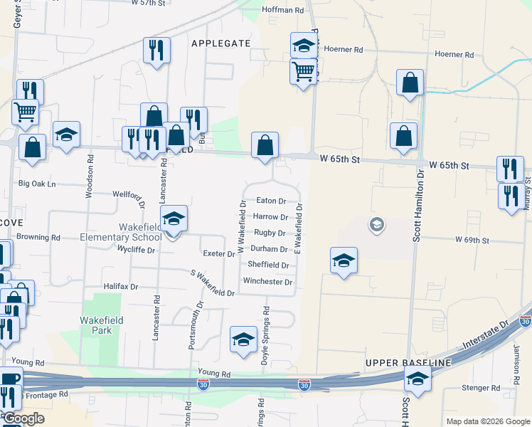 map of restaurants, bars, coffee shops, grocery stores, and more near 21 Eaton Drive in Little Rock