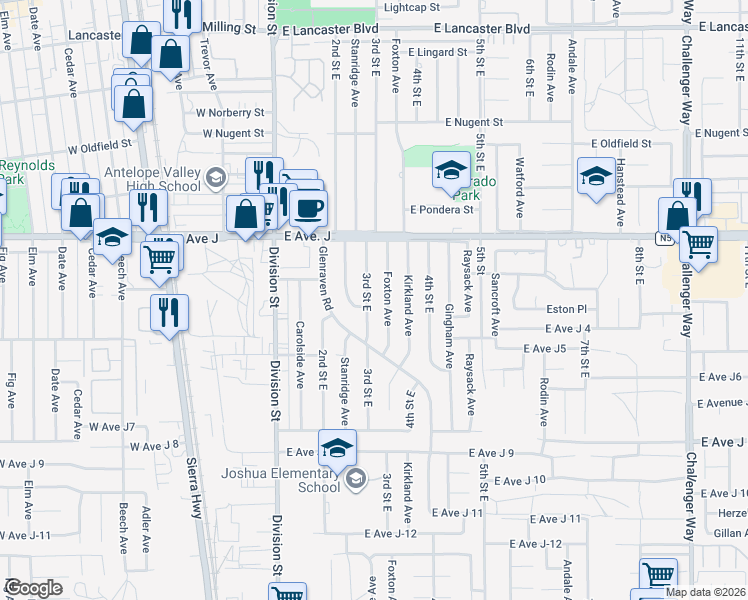 map of restaurants, bars, coffee shops, grocery stores, and more near 44319 3rd Street East in Lancaster
