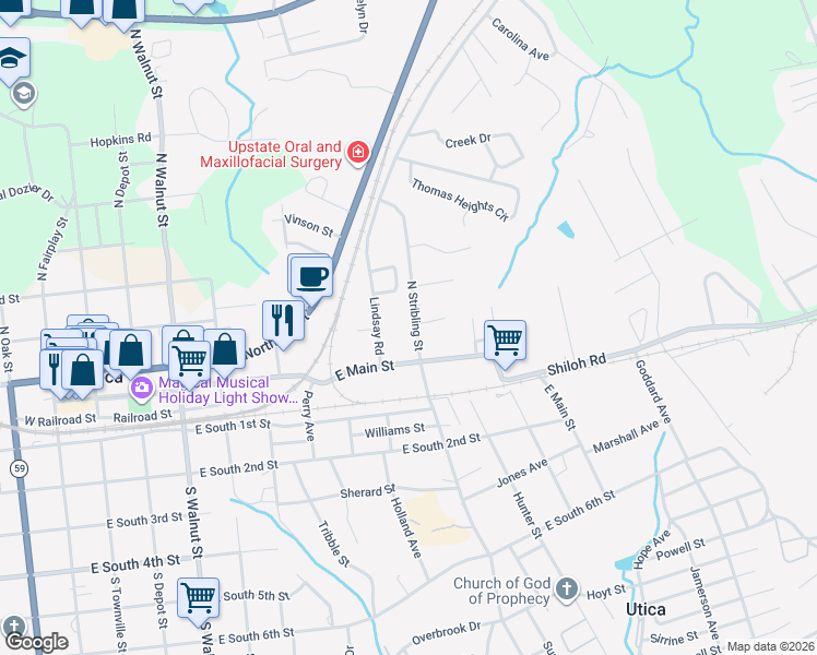 map of restaurants, bars, coffee shops, grocery stores, and more near 115 North Stribling Street in Seneca