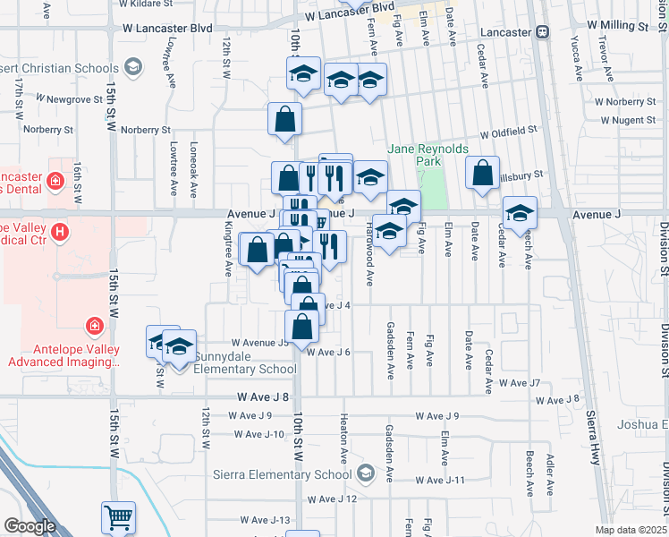 map of restaurants, bars, coffee shops, grocery stores, and more near 44248 10th Street West in Lancaster