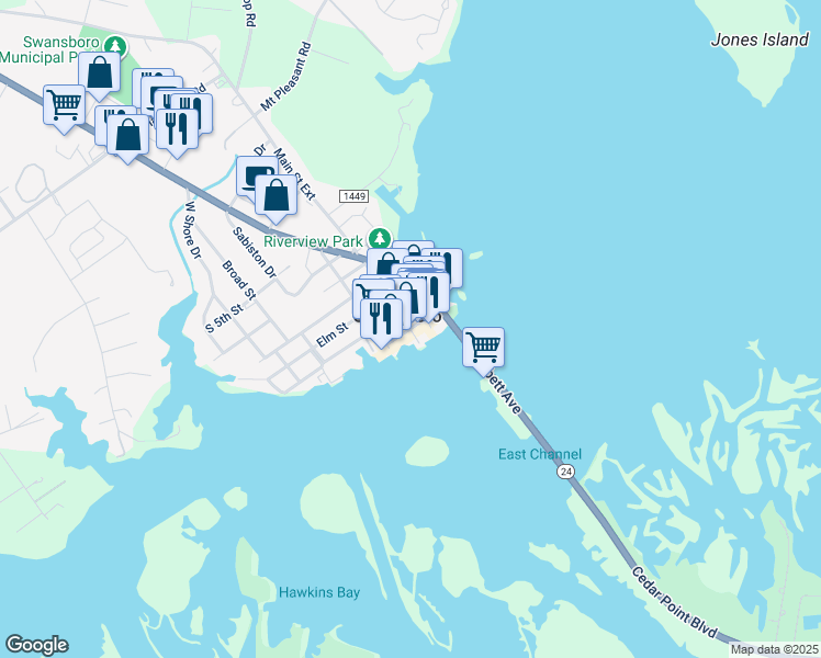map of restaurants, bars, coffee shops, grocery stores, and more near 105 West Main Street in Swansboro