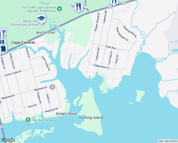 map of restaurants, bars, coffee shops, grocery stores, and more near 307 Bogue Sound Drive in Cape Carteret