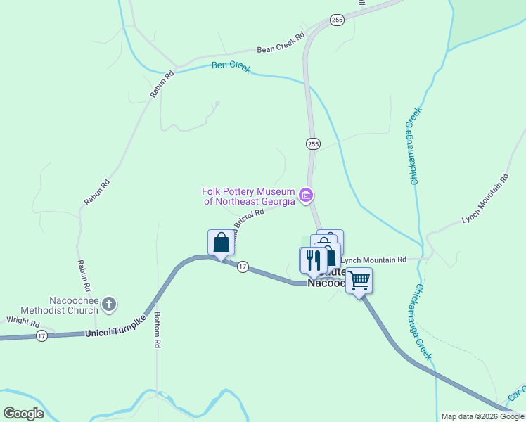 map of restaurants, bars, coffee shops, grocery stores, and more near Garland Bristol Road in Sautee Nacoochee