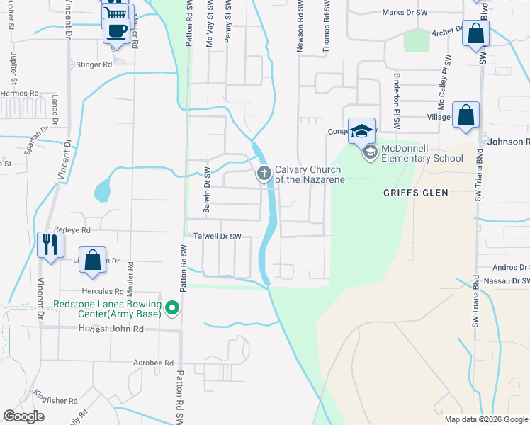 map of restaurants, bars, coffee shops, grocery stores, and more near 3930 Telstar Circle Southwest in Huntsville