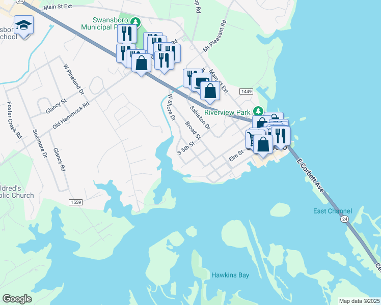 map of restaurants, bars, coffee shops, grocery stores, and more near 505 West Spring Street in Swansboro