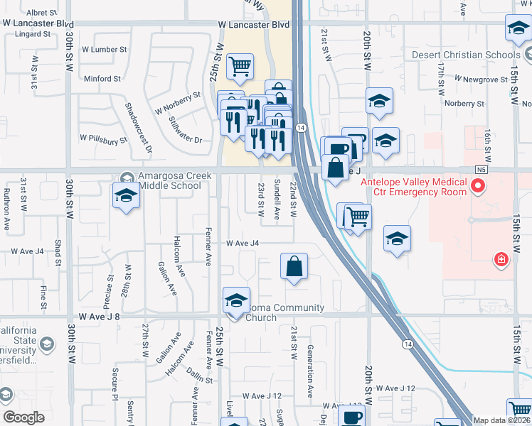 map of restaurants, bars, coffee shops, grocery stores, and more near 44255 Sundell Avenue in Lancaster