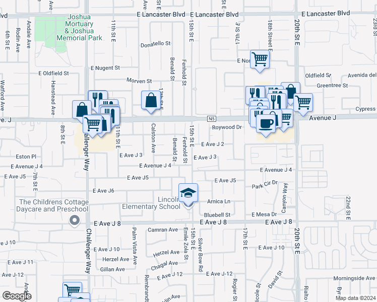 map of restaurants, bars, coffee shops, grocery stores, and more near 44234 Fenhold Street in Lancaster