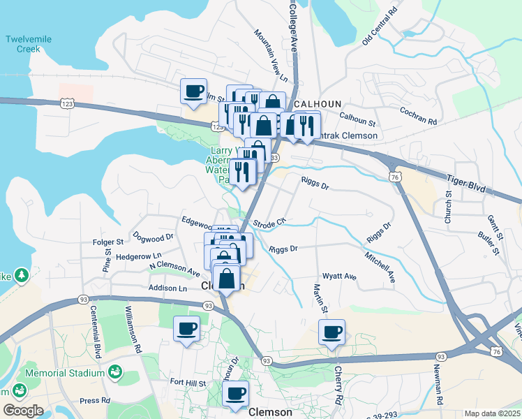 map of restaurants, bars, coffee shops, grocery stores, and more near 408 College Avenue in Clemson