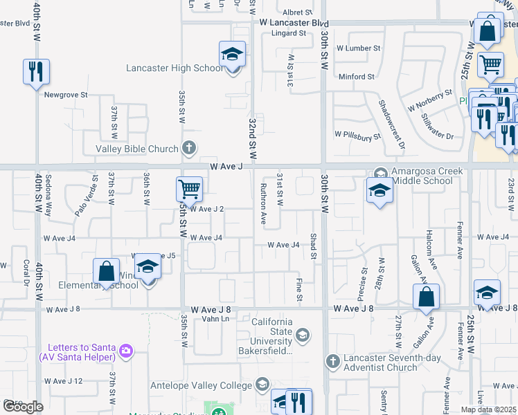 map of restaurants, bars, coffee shops, grocery stores, and more near 44239 Ruthron Avenue in Lancaster