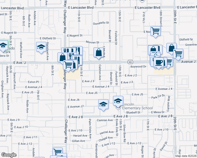 map of restaurants, bars, coffee shops, grocery stores, and more near 44245 Calston Avenue in Lancaster