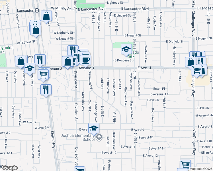 map of restaurants, bars, coffee shops, grocery stores, and more near 44253 Foxton Avenue in Lancaster