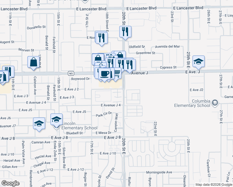 map of restaurants, bars, coffee shops, grocery stores, and more near 1834 East Avenue H10 in Lancaster