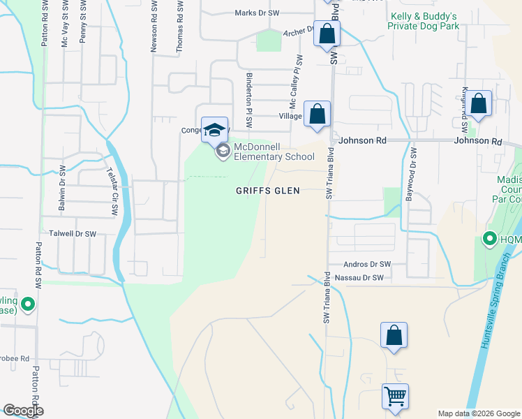 map of restaurants, bars, coffee shops, grocery stores, and more near 4200 Triana Boulevard Southwest in Huntsville