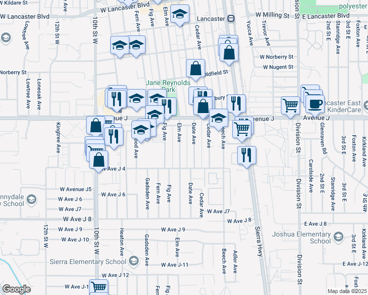 map of restaurants, bars, coffee shops, grocery stores, and more near 44259 Date Avenue in Lancaster