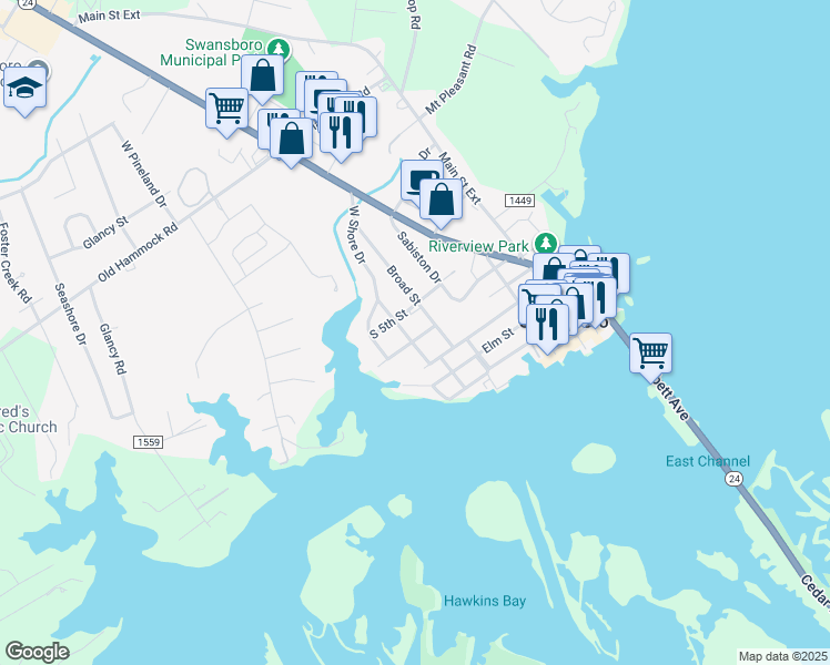 map of restaurants, bars, coffee shops, grocery stores, and more near 505 West Spring Street in Swansboro