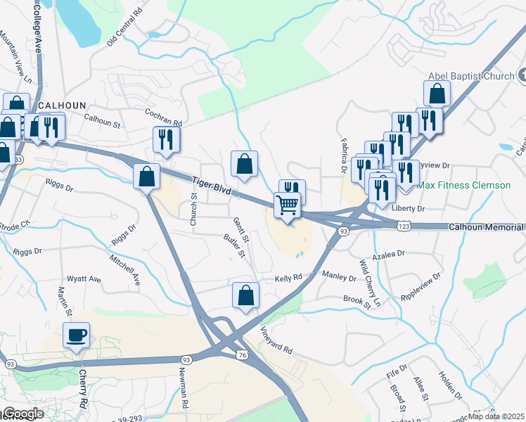 map of restaurants, bars, coffee shops, grocery stores, and more near 1376 Tiger Boulevard in Clemson