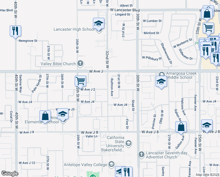 map of restaurants, bars, coffee shops, grocery stores, and more near 44239 Ruthron Avenue in Lancaster