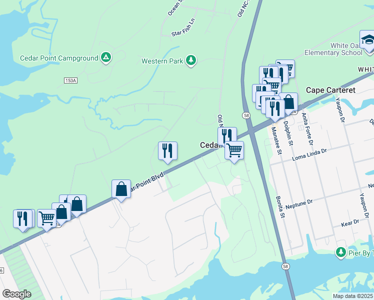 map of restaurants, bars, coffee shops, grocery stores, and more near 1147 Cedar Point Boulevard in Cedar Point