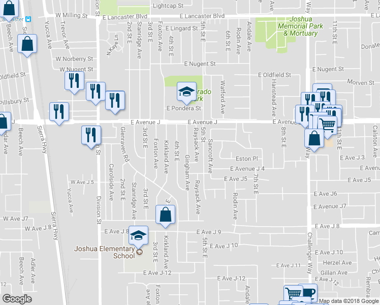 map of restaurants, bars, coffee shops, grocery stores, and more near 44256 Gingham Avenue in Lancaster