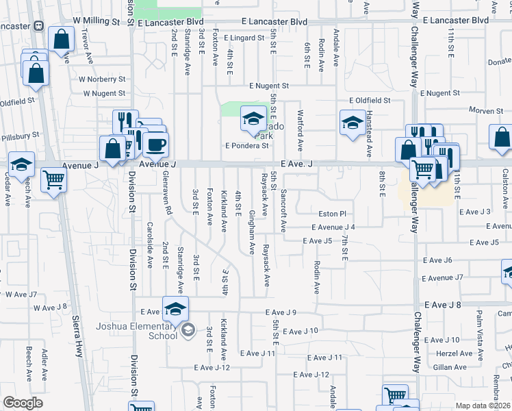 map of restaurants, bars, coffee shops, grocery stores, and more near 44256 Gingham Avenue in Lancaster