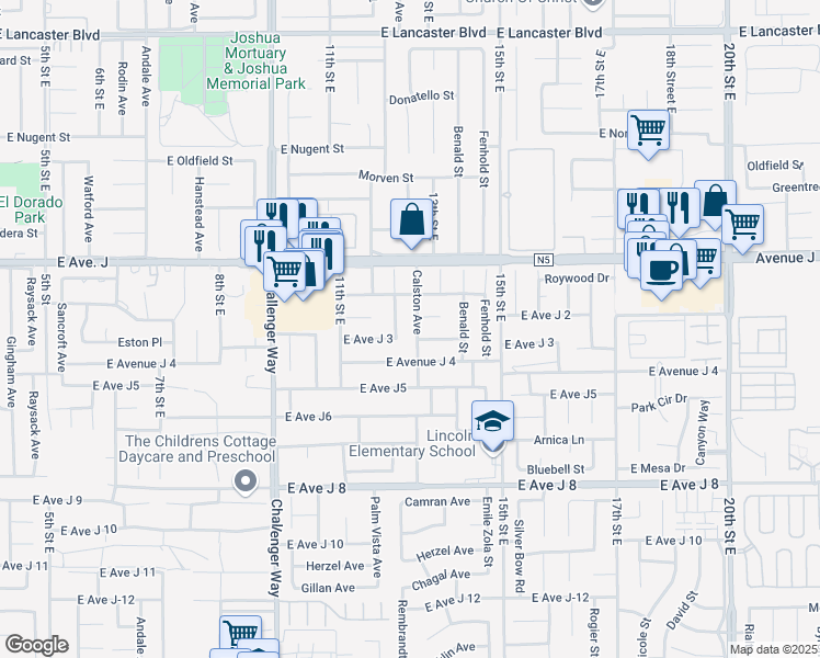 map of restaurants, bars, coffee shops, grocery stores, and more near 44237 Calston Avenue in Lancaster