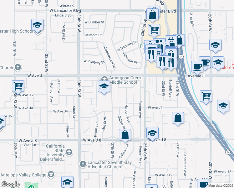 map of restaurants, bars, coffee shops, grocery stores, and more near 44245 Galion Avenue in Lancaster