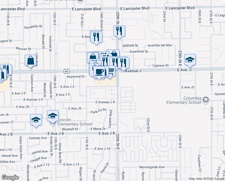 map of restaurants, bars, coffee shops, grocery stores, and more near 1846 East Avenue J2 in Lancaster